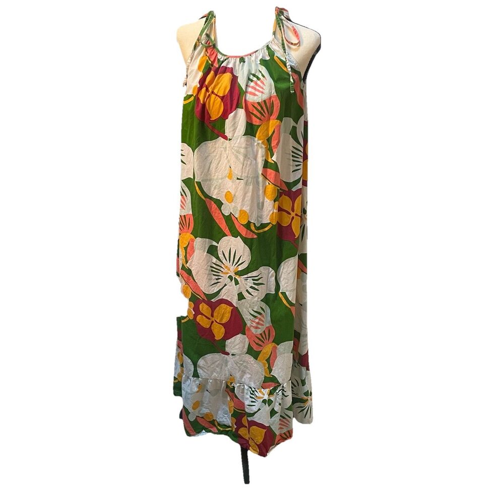 NAOO Green Hawaiian Floral Maxi Dress S Cotton Boho Tiered Ruffle Tie Strap EUC